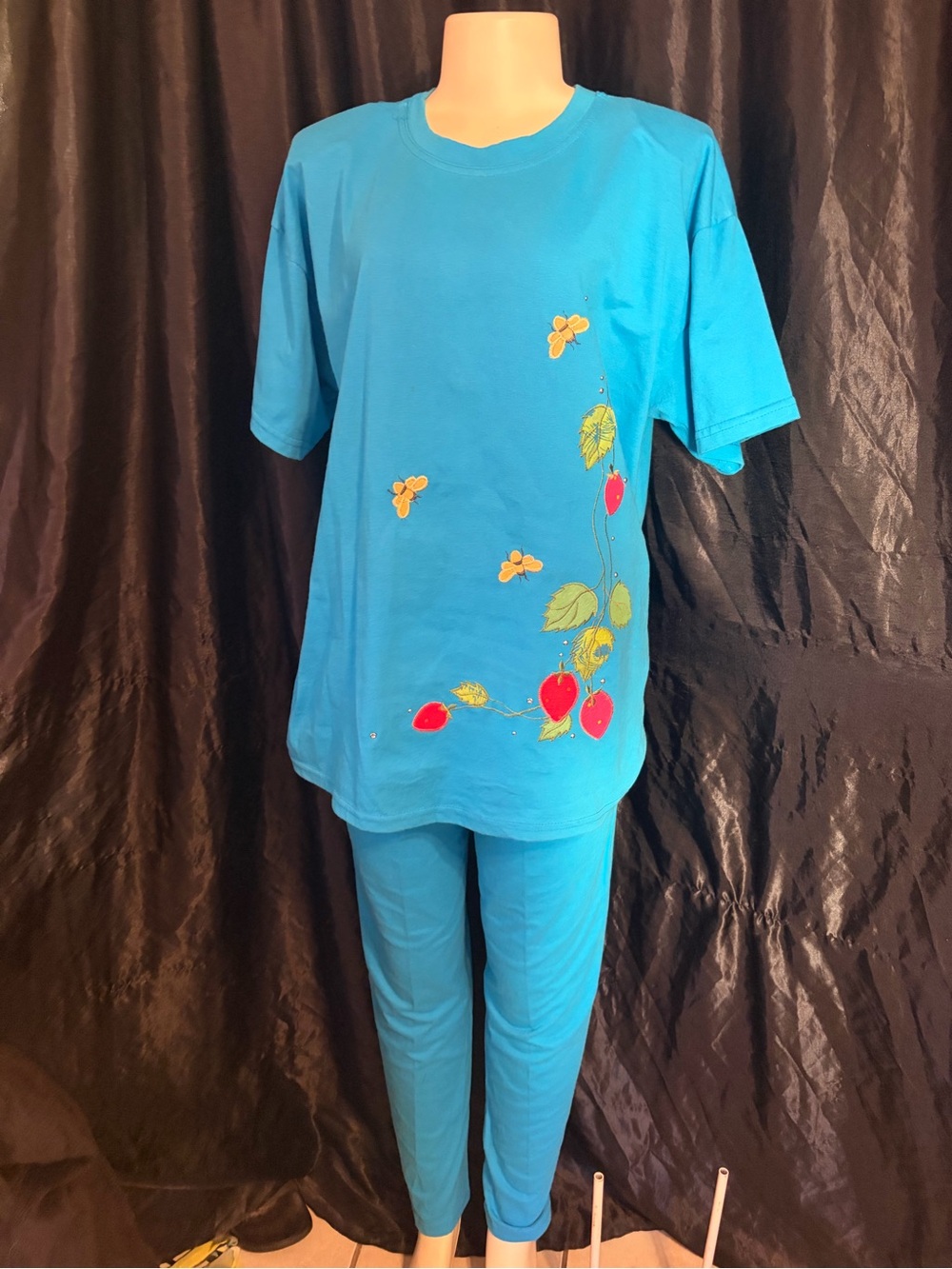 Superline Embroidered 90s Tunic top with matching bottoms two piece set in Blue